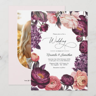 Plum and Blush Watercolor Floral Wedding Photo Invitation