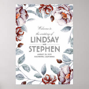 Plum and Burgundy Flowers Watercolor Wedding Sign