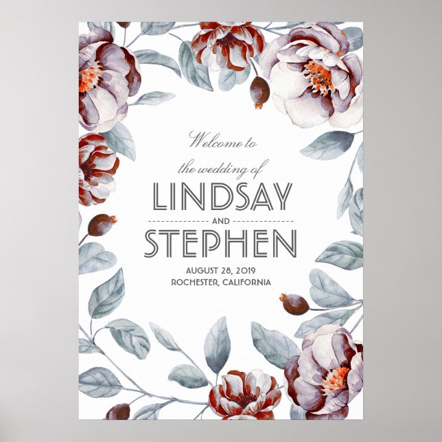 Plum and Burgundy Flowers Watercolor Wedding Sign (Front)