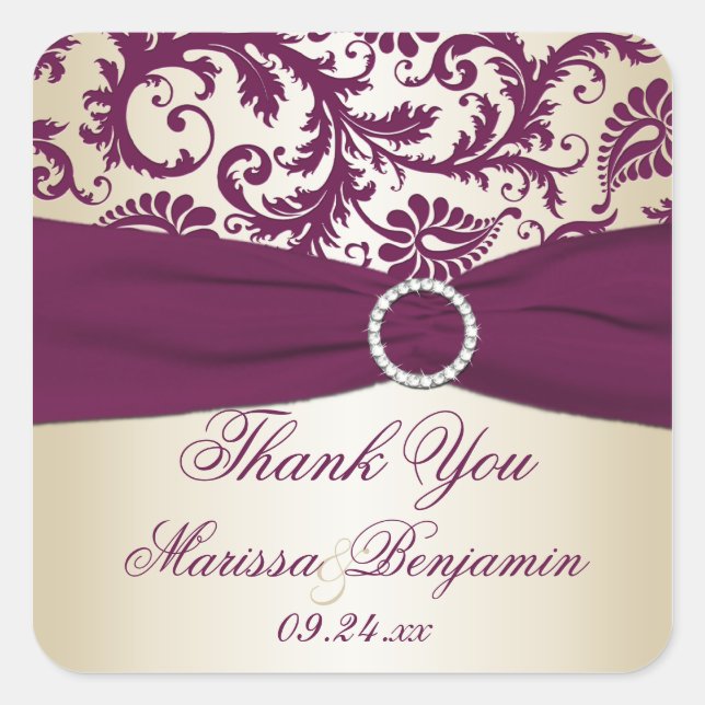Plum and Champagne Damask Thank You Sticker (Front)