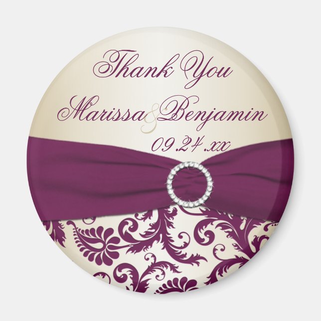 Plum and Champagne Damask Wedding Favour Magnet (Front)