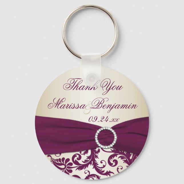 Plum and Champagne Damask with Faux Ribbon Key Ring (Front)
