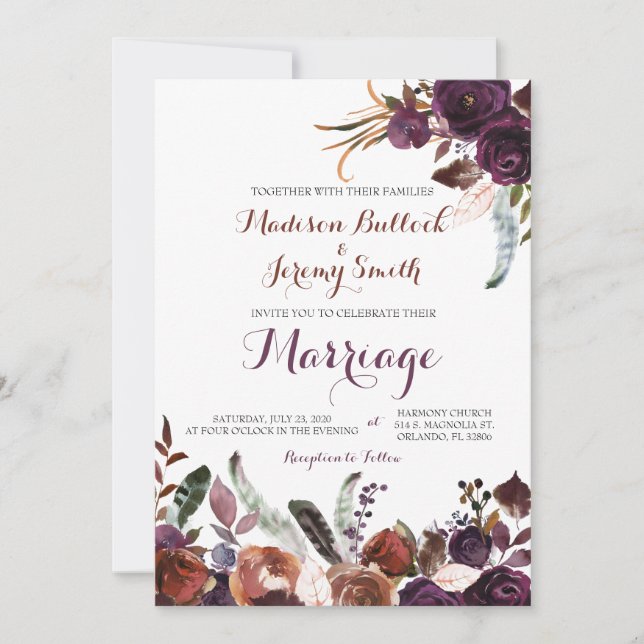 Plum and Copper Watercolor Floral Wedding Invite (Front)