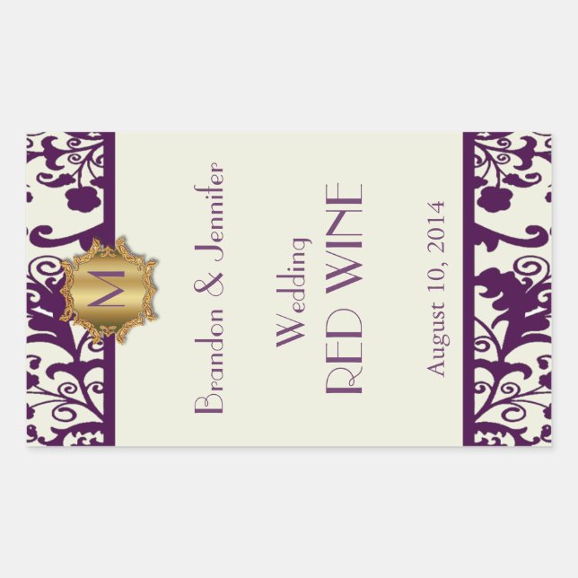 Plum and Cream Monogram Wedding Wine Sticker (Front)
