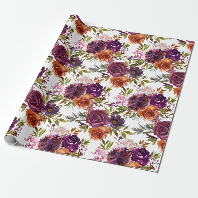Plum and Ginger Floral Pattern Wrapping Paper (Unrolled)