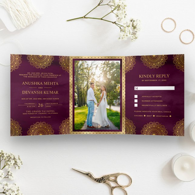 Plum and Gold Asian Mandala Indian Wedding Tri-Fold Invitation (Creator Uploaded)
