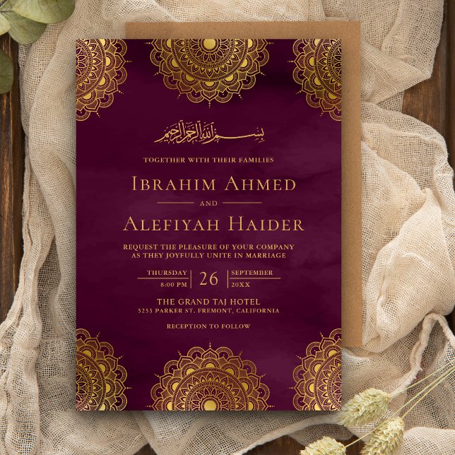 Plum and Gold Asian Motif Muslim Wedding Invitation (Creator Uploaded)