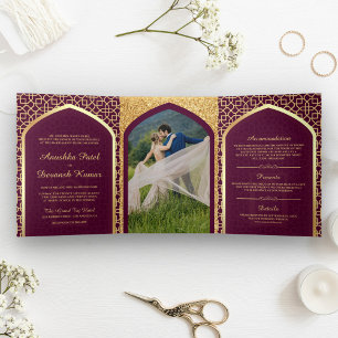 Plum and Gold Bollywood Style Indian Wedding Tri-Fold Invitation