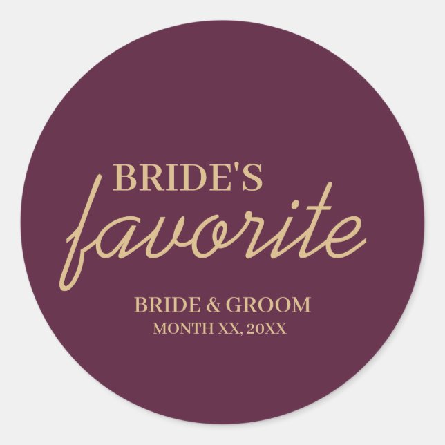 Plum and Gold Bride's Favourite Snack Wedding Classic Round Sticker (Front)