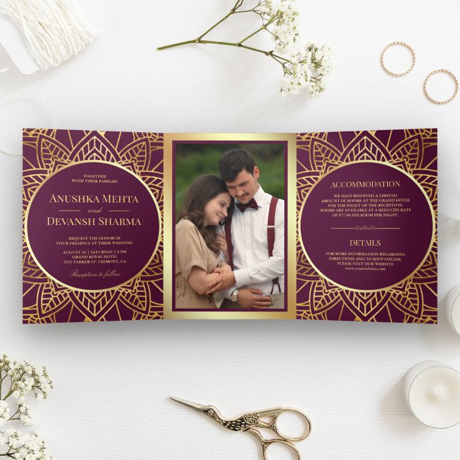 Plum and Gold Ethnic Mandala Indian Wedding Tri-Fold Invitation (Creator Uploaded)