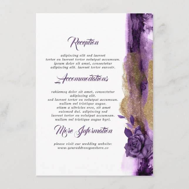 Plum and Gold Floral Wedding Information Guest Enclosure Card (Front)