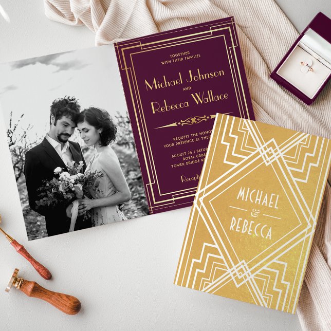 Plum and Gold Foil Art Deco Wedding Invitation (Creator Uploaded)