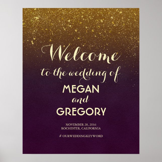 Plum and Gold Glitter Vintage Wedding Welcome Sign (Front)