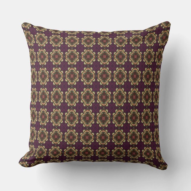Plum And Gold Retro Motif Cushion (Front)