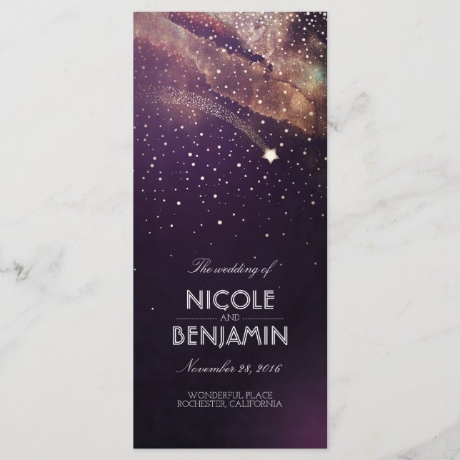 Plum and Gold Shooting Star Night Wedding Programs Programme (Front)