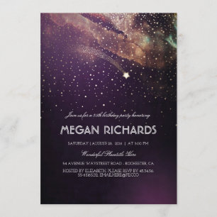 Plum and Gold Shooting Star Starry Birthday Party Invitation