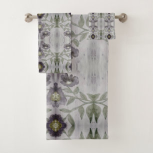 Plum And Green Flowered Bath Towel Set