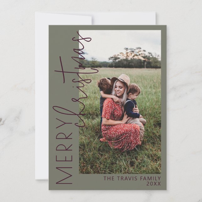 Plum and Green MERRY Holiday Christmas Card (Front)