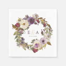Plum and Ivory Floral Watercolor Wedding Napkins