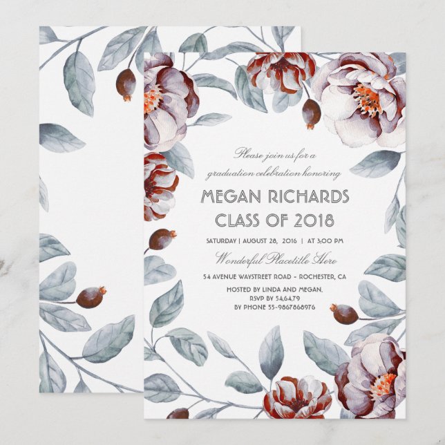 Plum and Maroon Floral Watercolor Boho Graduation Invitation (Front/Back)