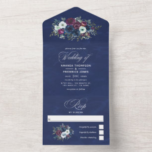 Plum and Navy Blue Floral Wedding All In One Invit Invitation
