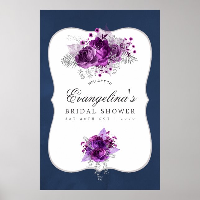 Plum and Navy Floral Bridal Shower Welcome Poster (Front)
