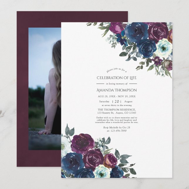 Plum and Navy Floral Celebration of Life Photo Invitation (Front/Back)