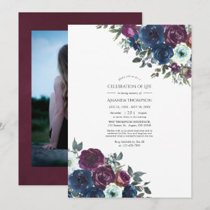 Plum and Navy Floral Celebration of Life Photo Invitation