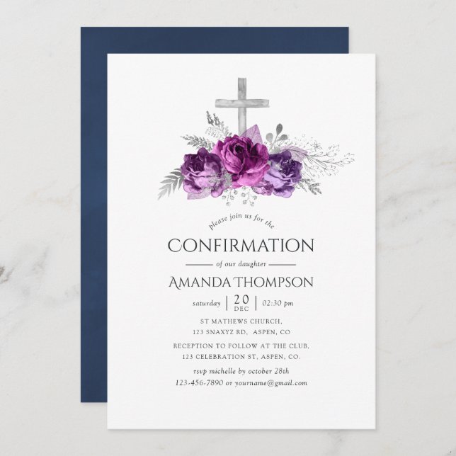 Plum and Navy Floral Confirmation Invitation (Front/Back)