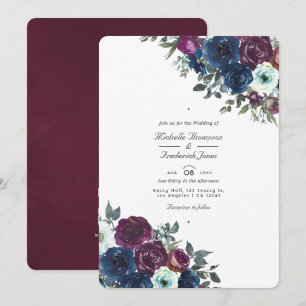 Plum and Navy Floral QR Code RSVP Wedding Invitation