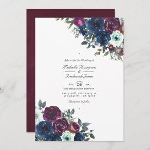 Plum and Navy Floral QR Code RSVP Wedding Invitation