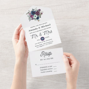 Plum and Navy Floral Wedding All In One Invitation