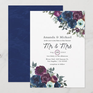 Plum and Navy Floral Wedding Invitation