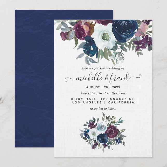 Plum and Navy Floral Wedding Invitation (Front/Back)