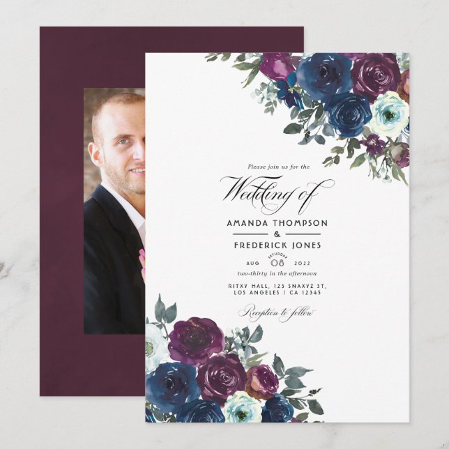 Plum and Navy Floral Wedding Photo Invitation (Front/Back)