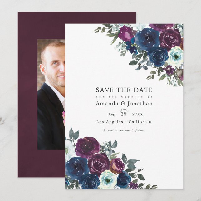 Plum and Navy Floral Wedding Photo Save The Date (Front/Back)