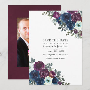 Plum and Navy Floral Wedding Photo Save The Date
