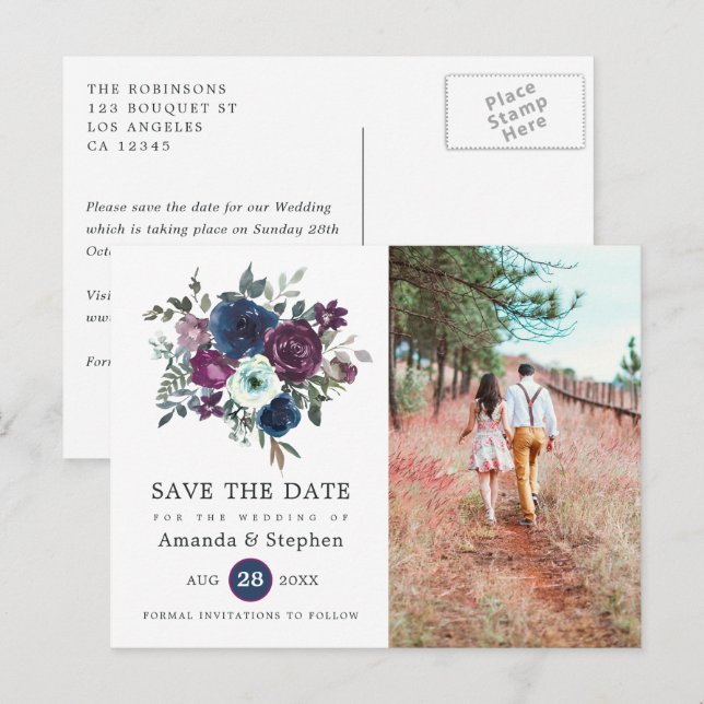Plum and Navy Floral Wedding Postcard (Front/Back)