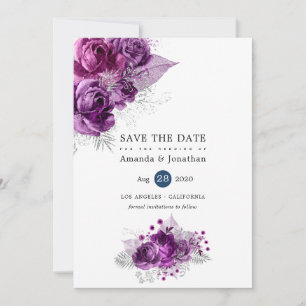 Plum and Navy Tropical Glitter Floral Wedding Save The Date