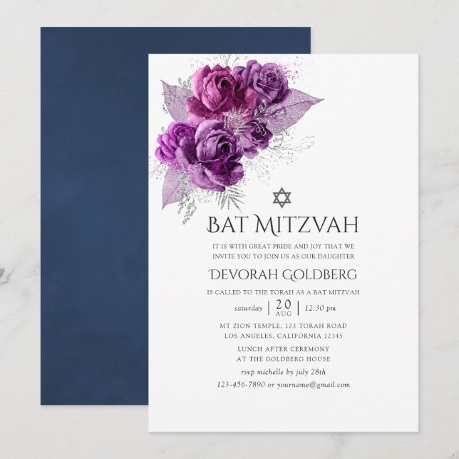 Plum and Navy Watercolor Floral Bat Mitzvah Invitation (Front/Back)