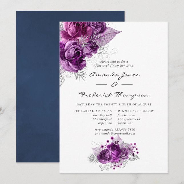 Plum and Navy Watercolor Floral Rehearsal Dinner Invitation (Front/Back)