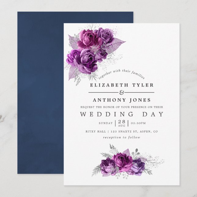 Plum and Navy Watercolor Floral Wedding Invitation (Front/Back)