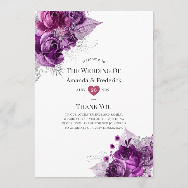 Plum and Navy Watercolor Floral Wedding Programme (Front)