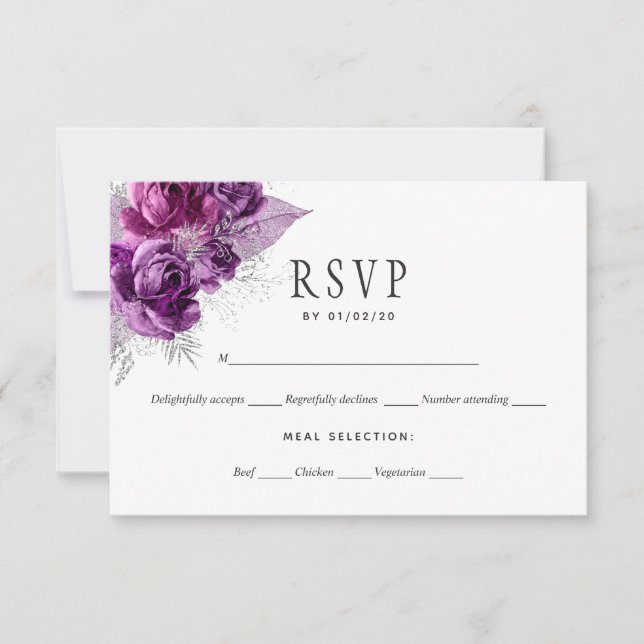 Plum and Navy Watercolor Floral Wedding RSVP Card (Front)