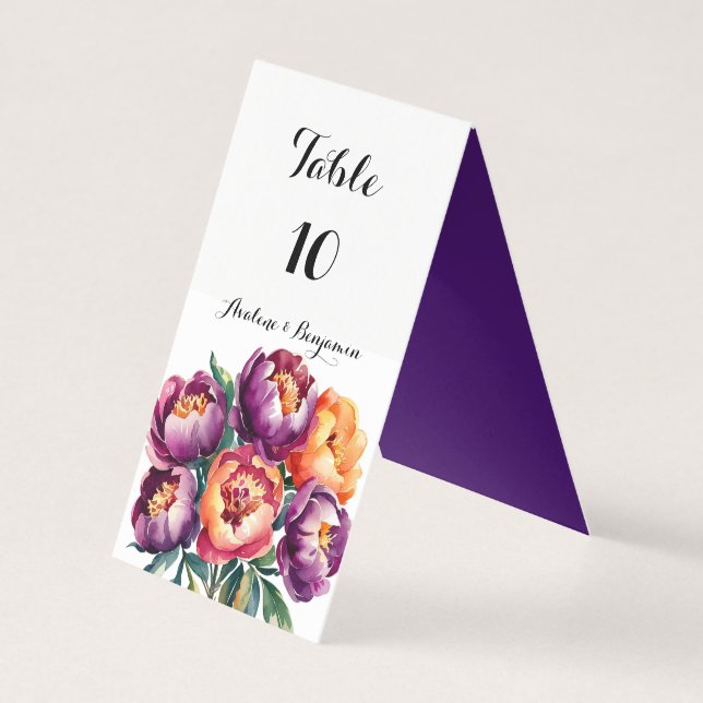 Plum and Orange Peony Bouquet Wedding Table Number (Back)