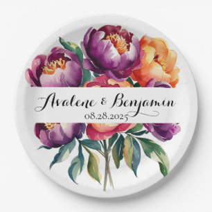 Plum and Orange Watercolor Peony Bouquet Wedding Paper Plate