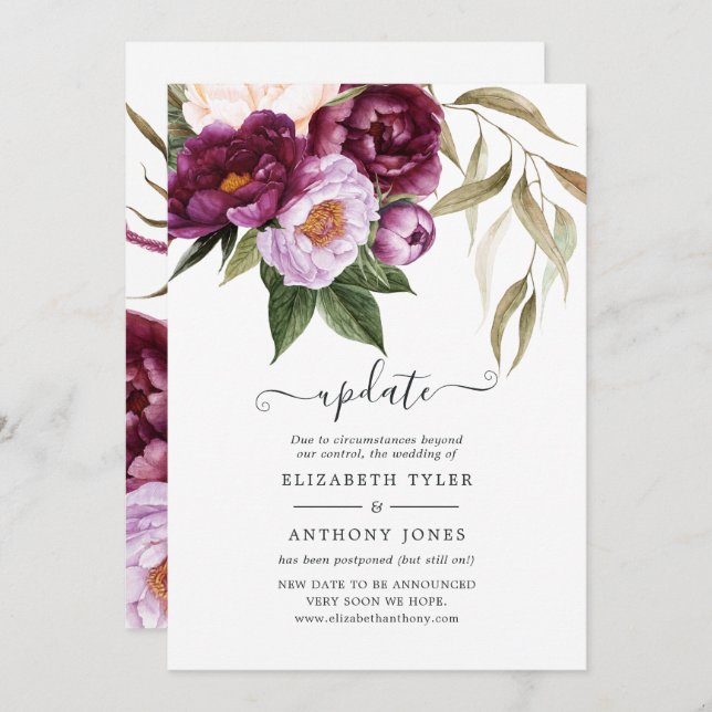 Plum and Pastel Violet Floral Wedding Update Invitation (Front/Back)