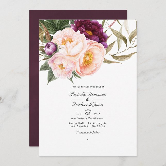 Plum and Peach Floral  QR Code RSVP Wedding Invitation (Front/Back)