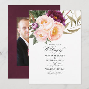 Plum and Peach Floral Wedding Photo Invitation