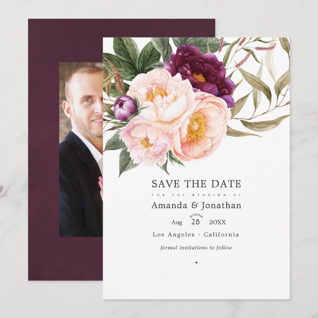 Plum and Peach Floral Wedding Photo Save The Date (Front/Back)